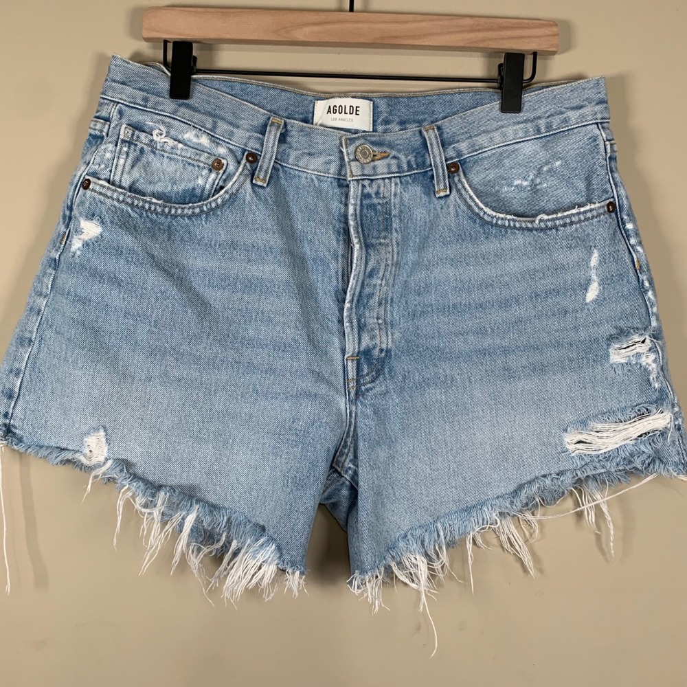 AGOLDE Light Blue Distressed Denim Jean Shorts
